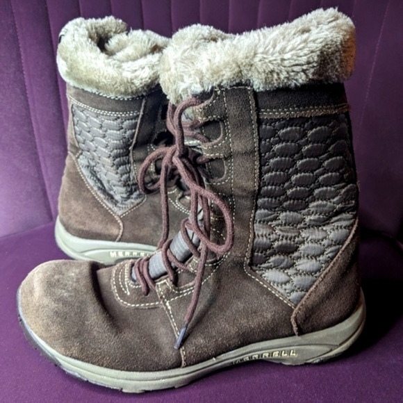 MERRELL 8.5 Leather‎ Lace-Up Side Zip-Up Brown Winter Boots - Picture 1 of 5